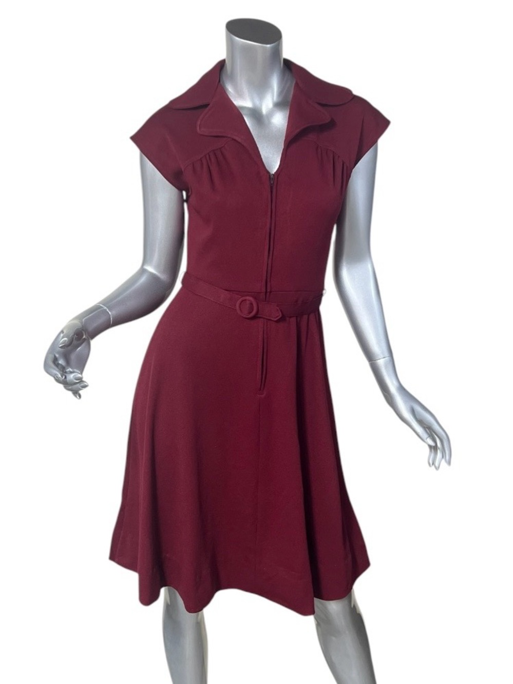 Vintage Maroon Red Zip Front Fit & Flare Shirt Dress Midi Cap Sleeve Belt SMALL